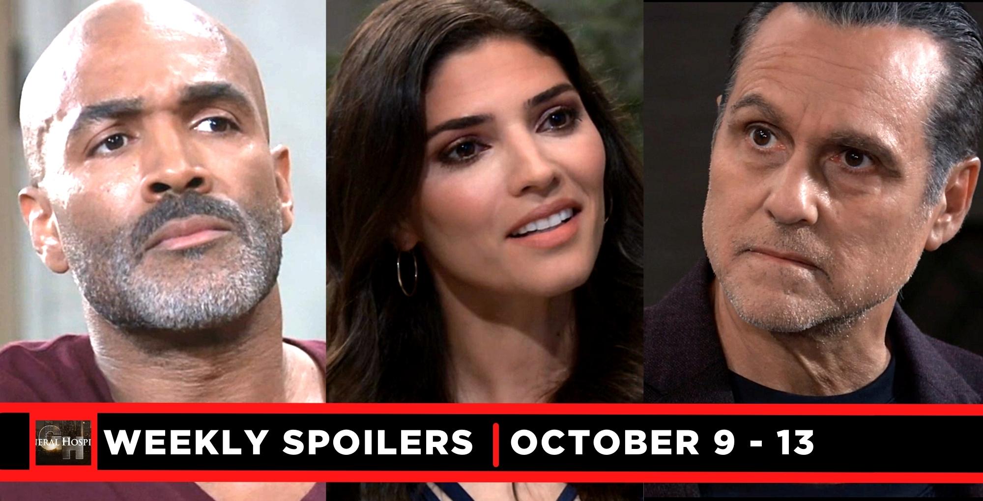 general hospital spoilers for october 9 – october 13, 2023, three images, curtis, brook lynn, and sonny.