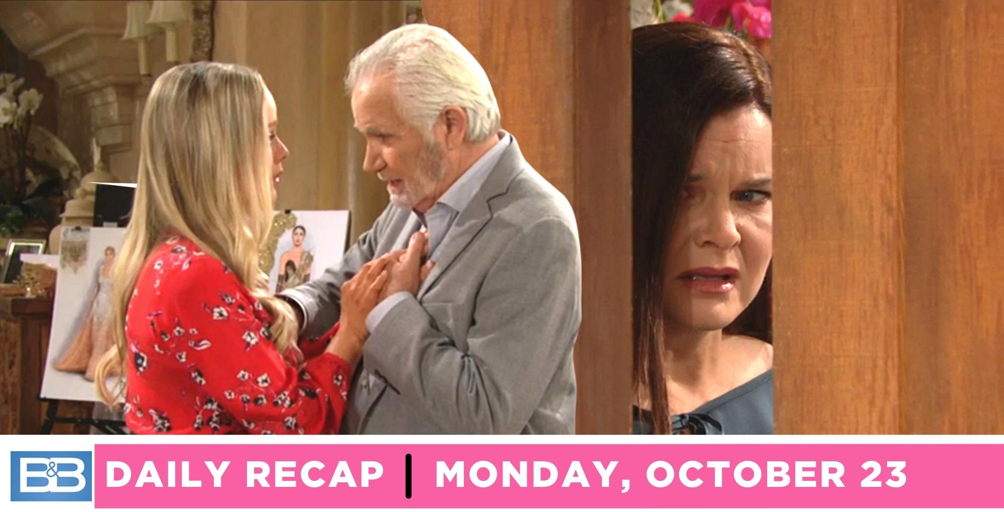 the bold and the beautiful recap for october 23, 2023, katie eavesdrops on donna and eric.