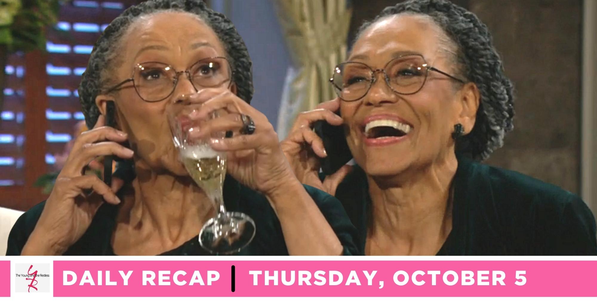 the young and the restless recap for october 5, 2023, has double images of mamie on the phone smiling.
