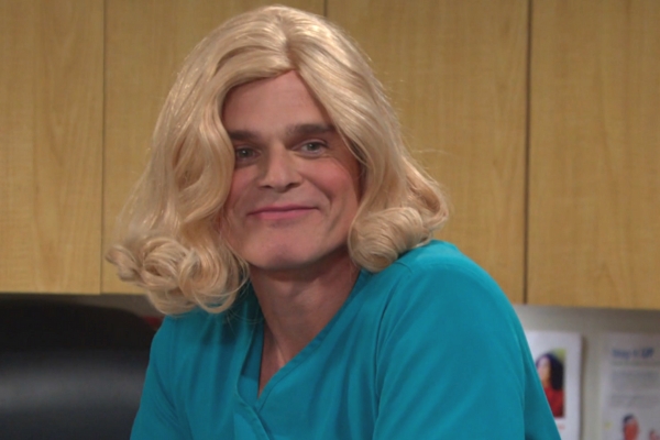 soap operas days of our lives leo stark in a blond wig and makeup.