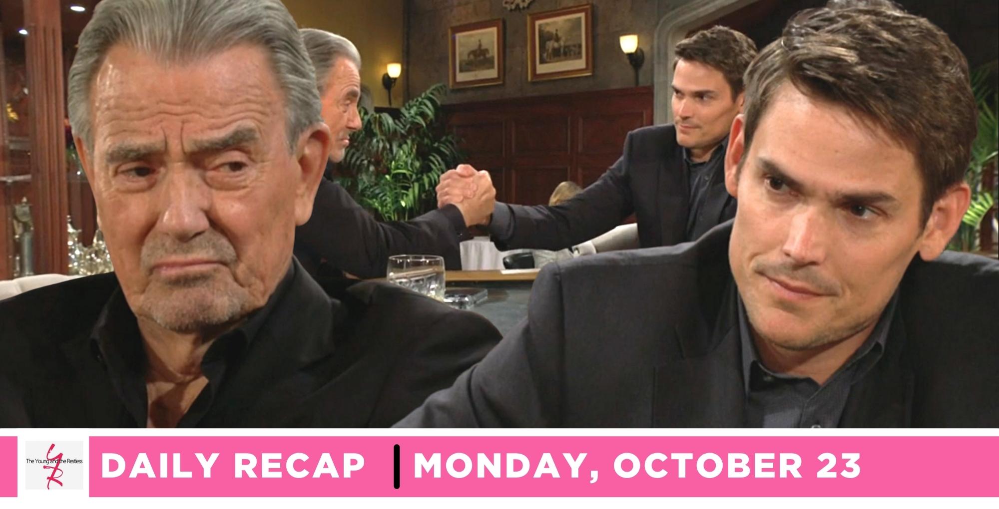 the young and the restless recap for october 23, 2024, episode #12730, has victor talking to adam and shaking hands.