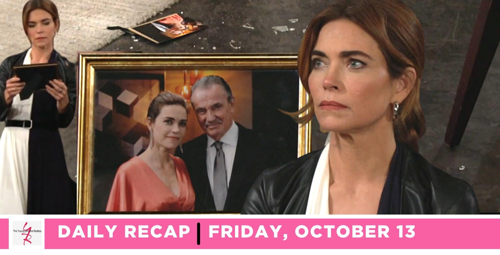 the young and the restless recap for october 13, 2023, has victoria looking at a picture of her with victor and destroying it.