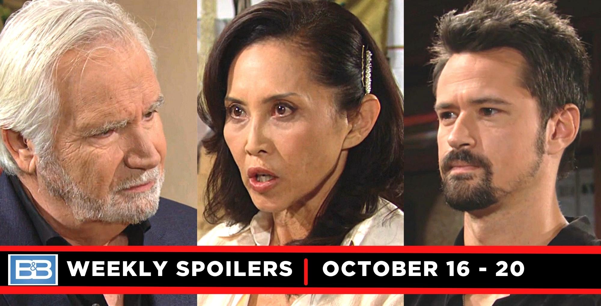 the bold and the beautiful spoilers for october 16 – october 20, 2023, three images, eric, li, and thomas.