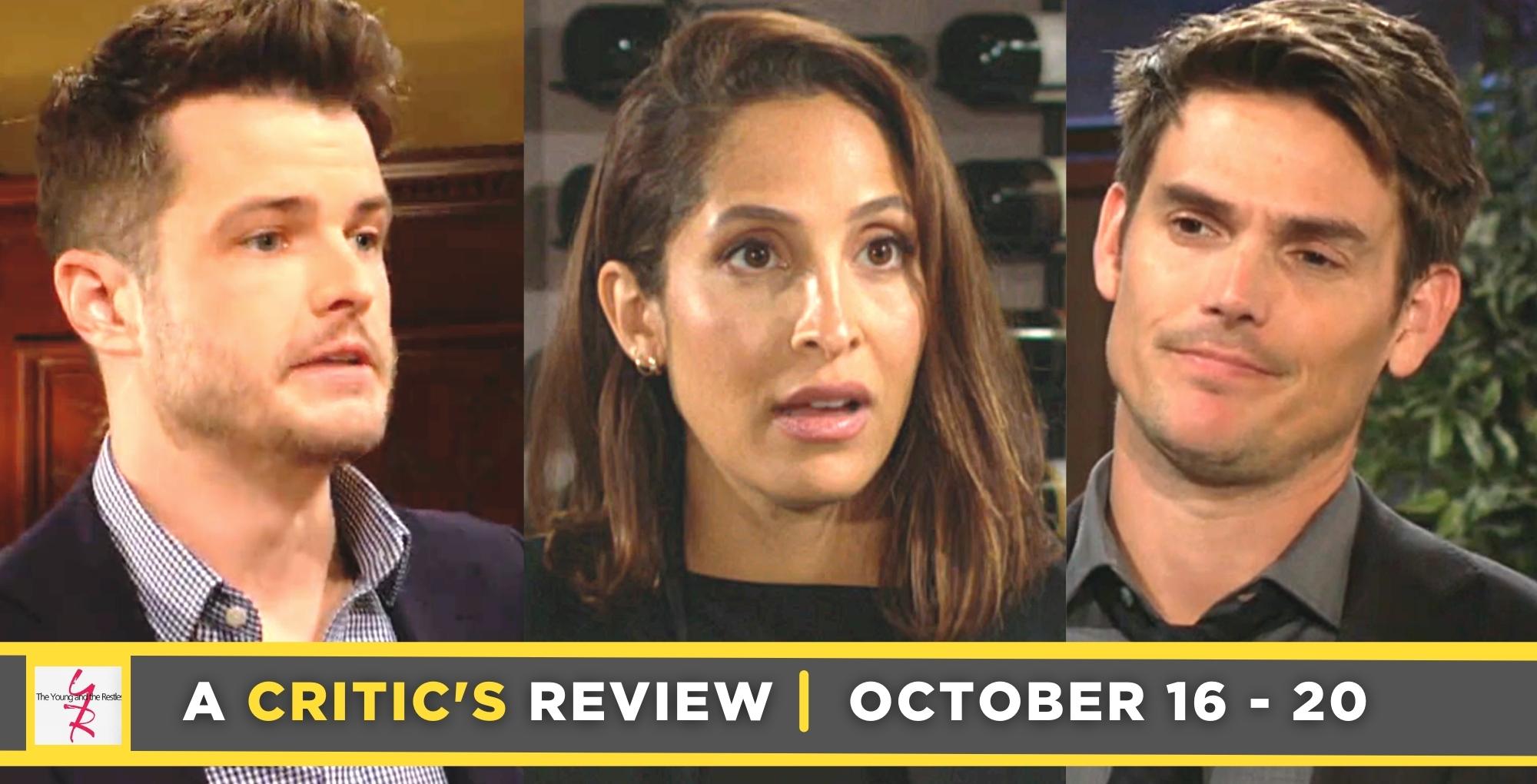 the young and the restless critic's review for october 16 – october 20, 2023, three images, kyle, lily, and adam.