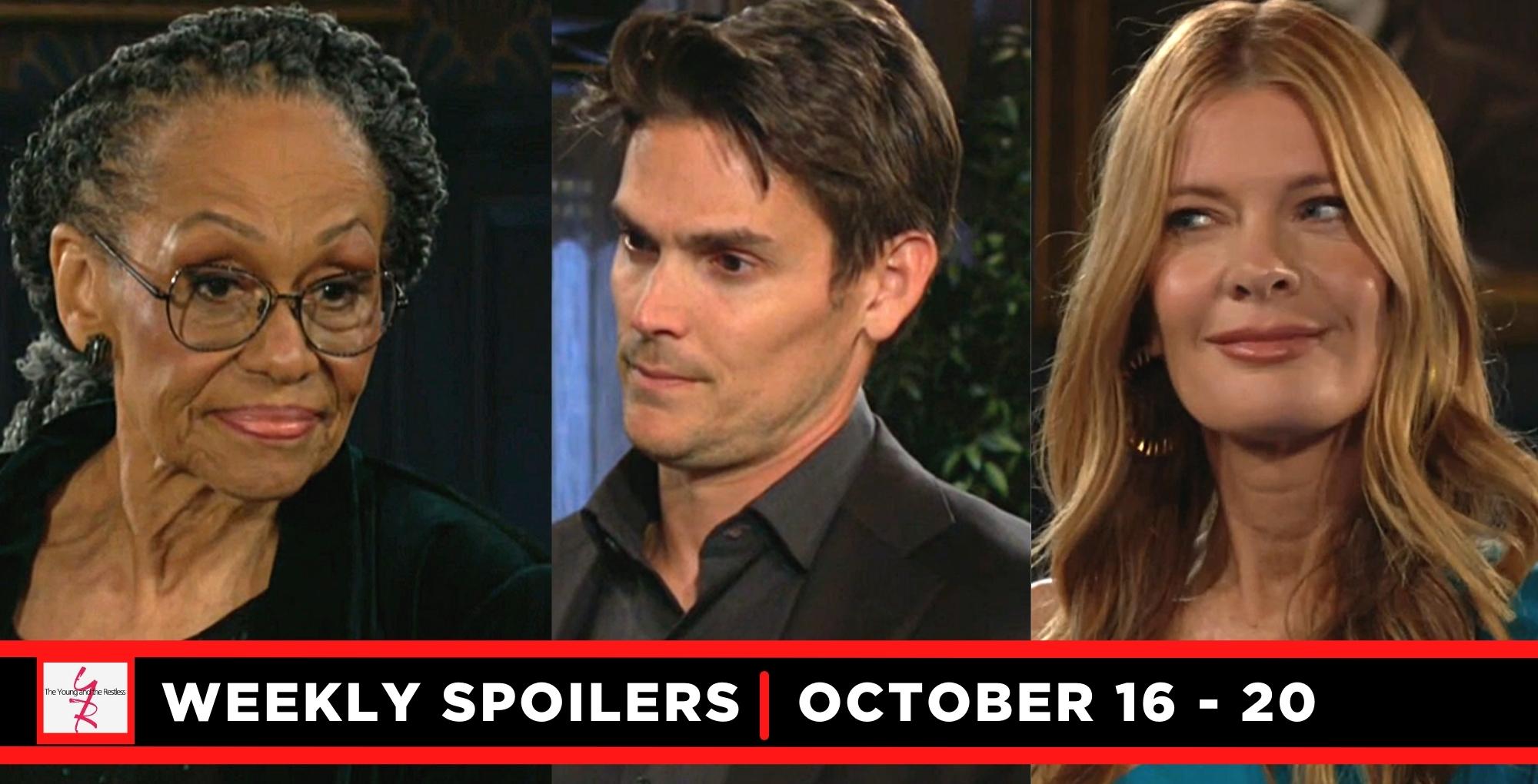 the young and the restless spoilers for october 16 – october 20, 2023, three images, mamie, adam, and phyllis.