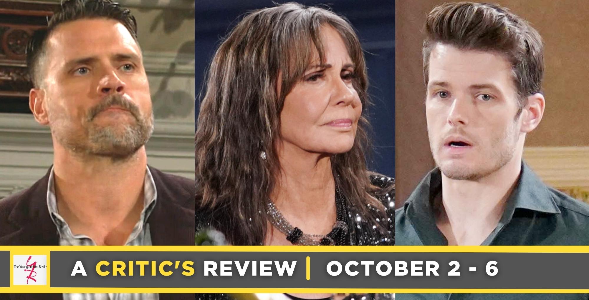 the young and the restless critic's review for october 2 – october 6, 2023, three images, nicholas, jill, and kyle.