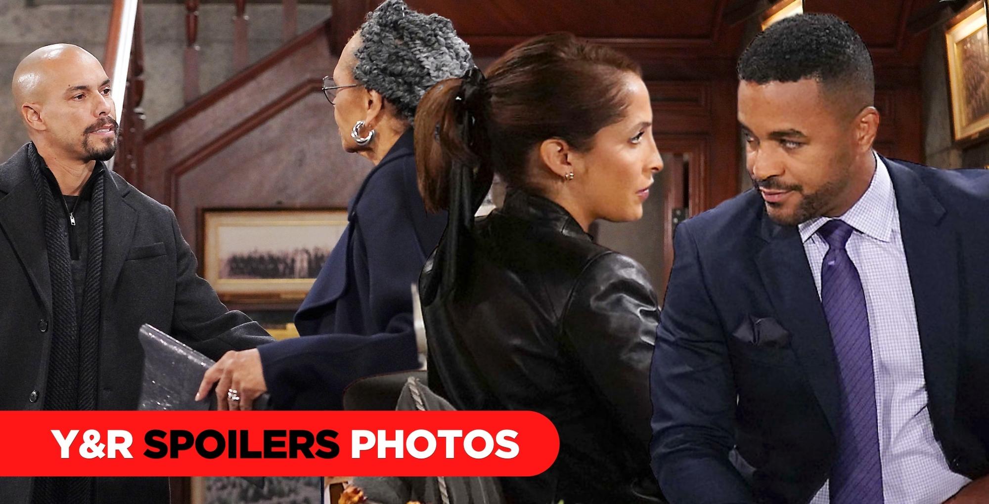 y&r spoilers photos for october 31, 2023, episode 12736, collage of devon mamie, lily, and nate.