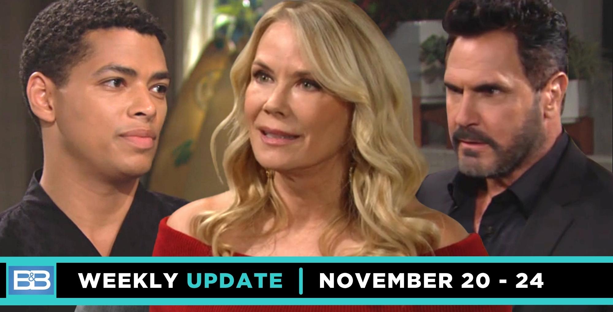 b&b spoilers weekly update with brooke logan, bill spencer, and zende forrester.
