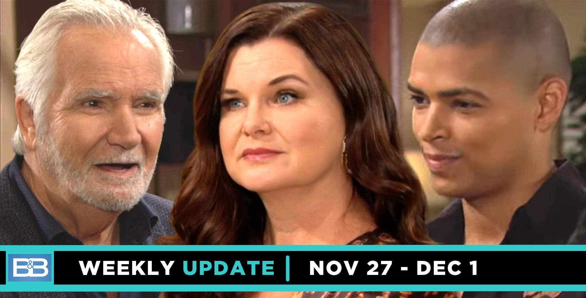 b&b spoilers weekly update for november 27-december 1, 2023, eric, katie, and zende.