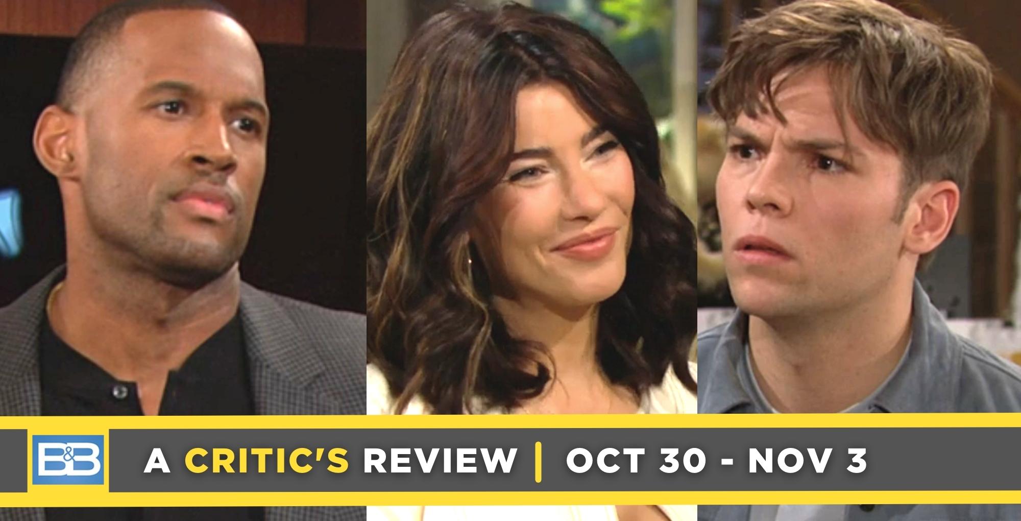 the bold and the beauiful critic's review for october 30 – november 3, 2023, three images, carter, steffy, and rj.
