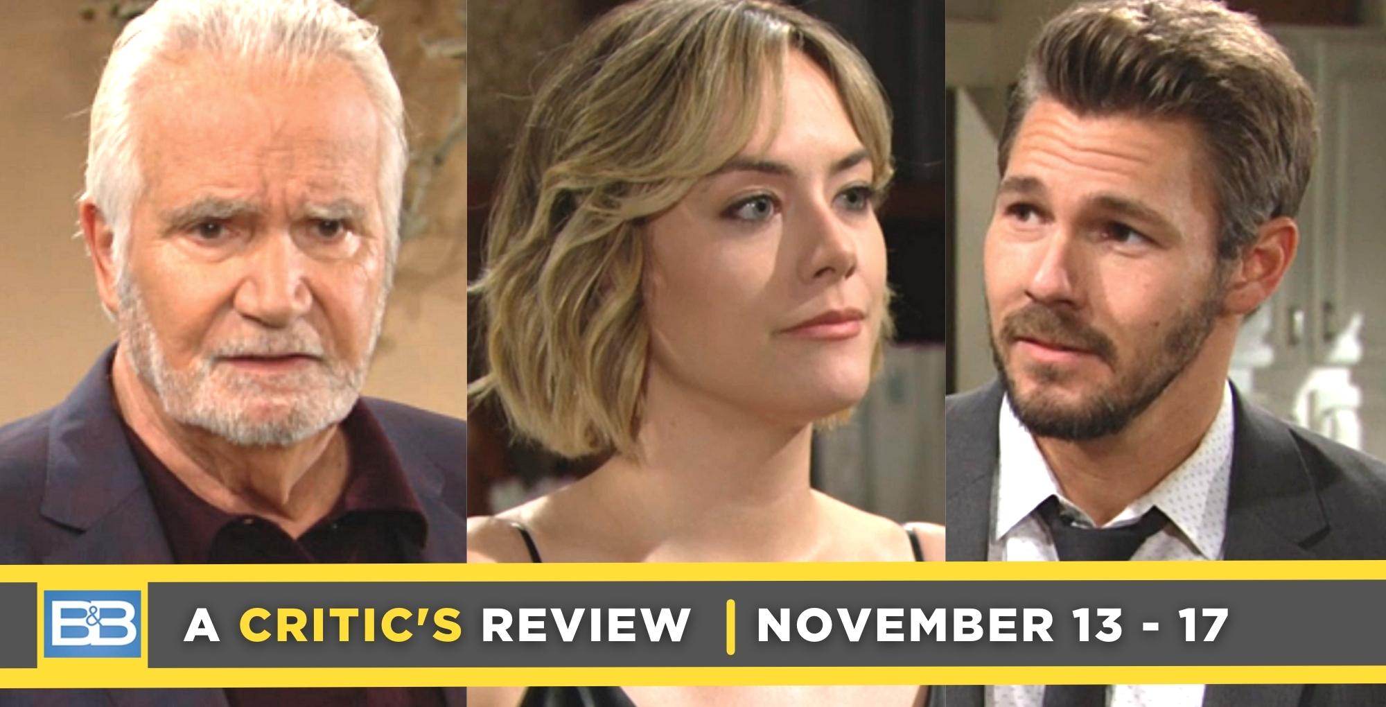 the bold and the beautiful critic's review for november 13 – november 17, 2023, three images, eric, hope, and liam.