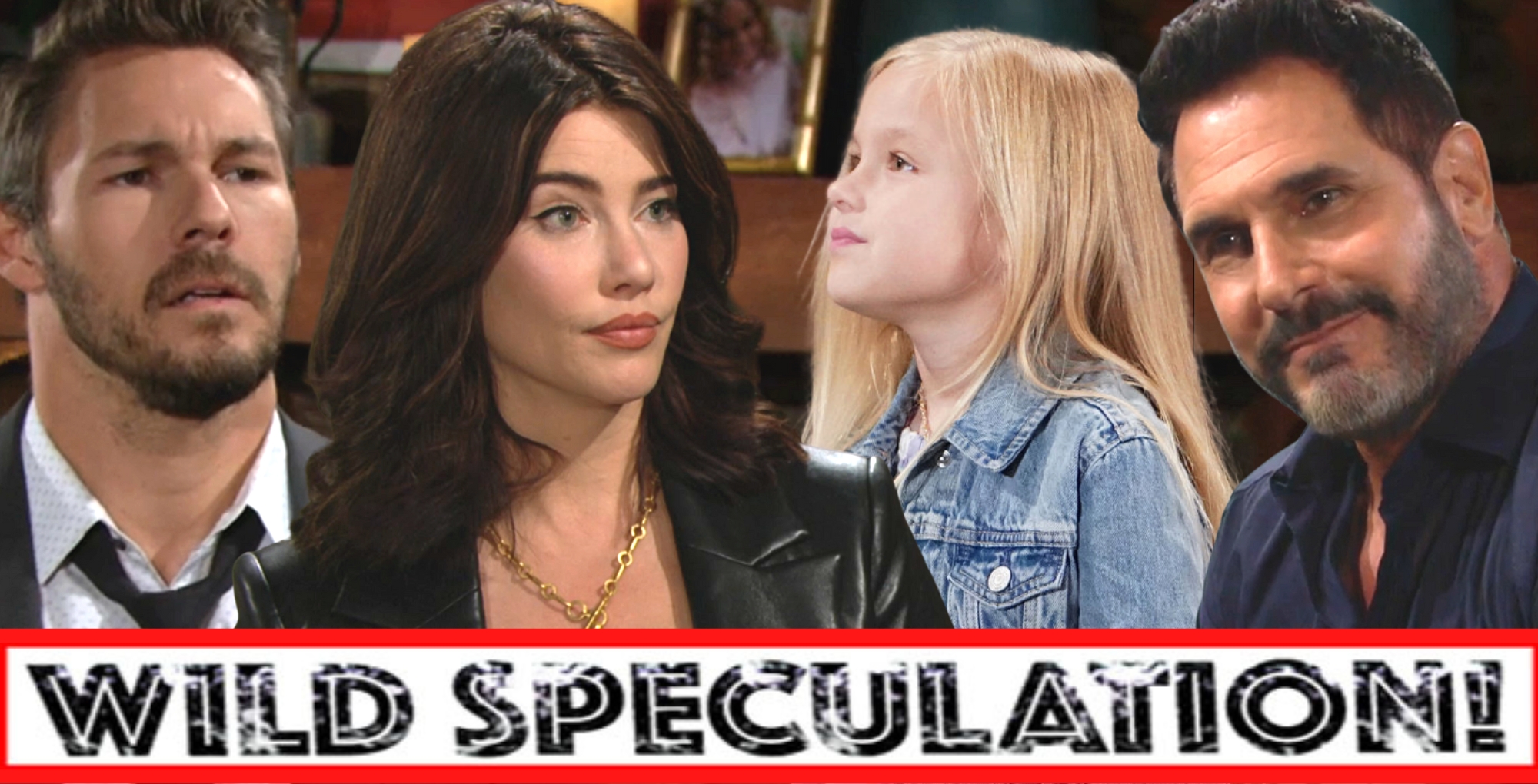 b&b spoilers wild speculation banner over liam, steffy, kelly, and bill.