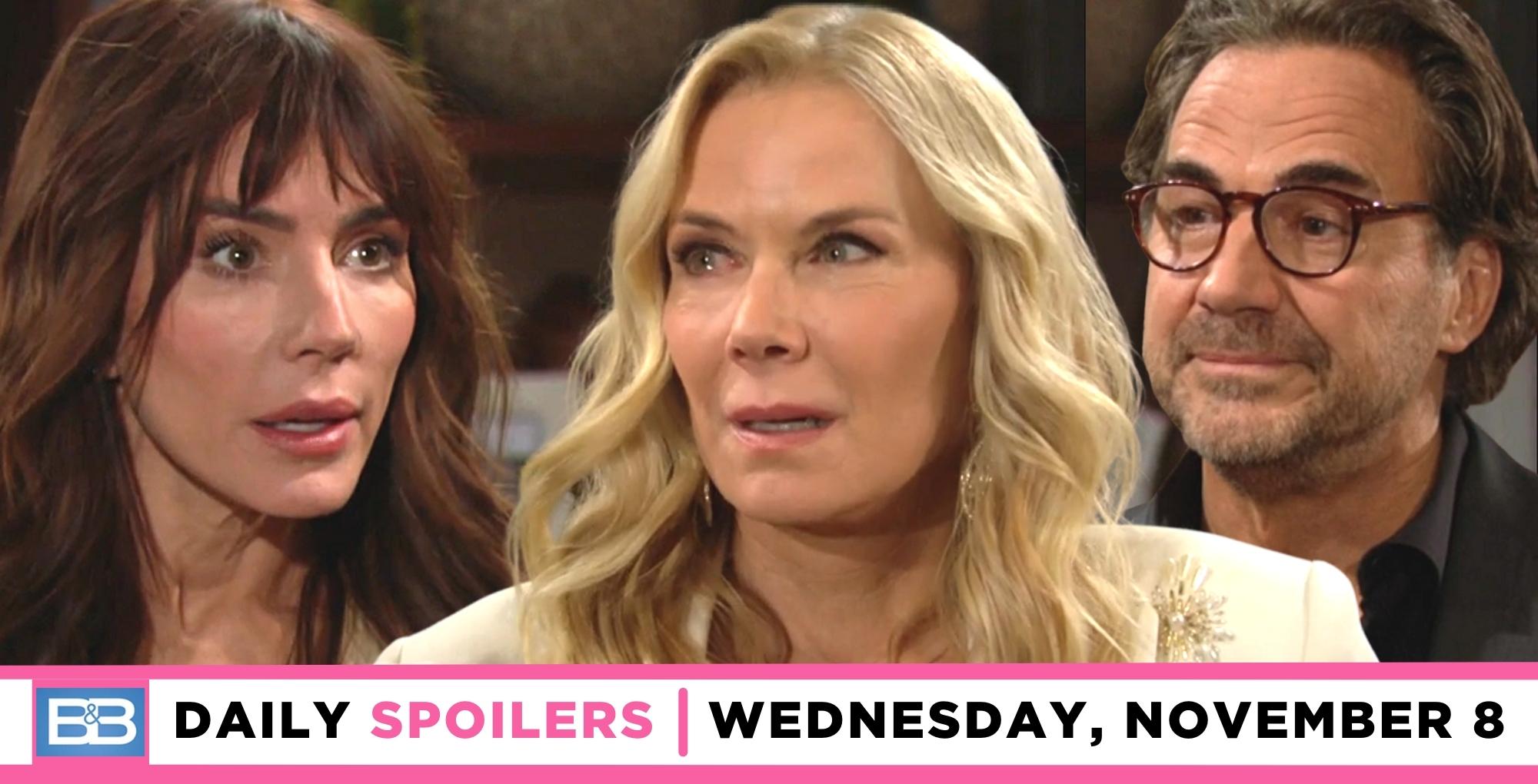 the bold and the beautiful spoilers for november 8, 2023, episode 9144, has taylor facing brooke and ridge.