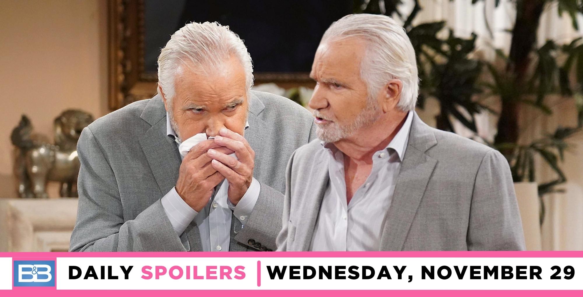 the bold and the beautiful spoilers for november 29, 2023, episode 9157, has double images of eric looking sick.