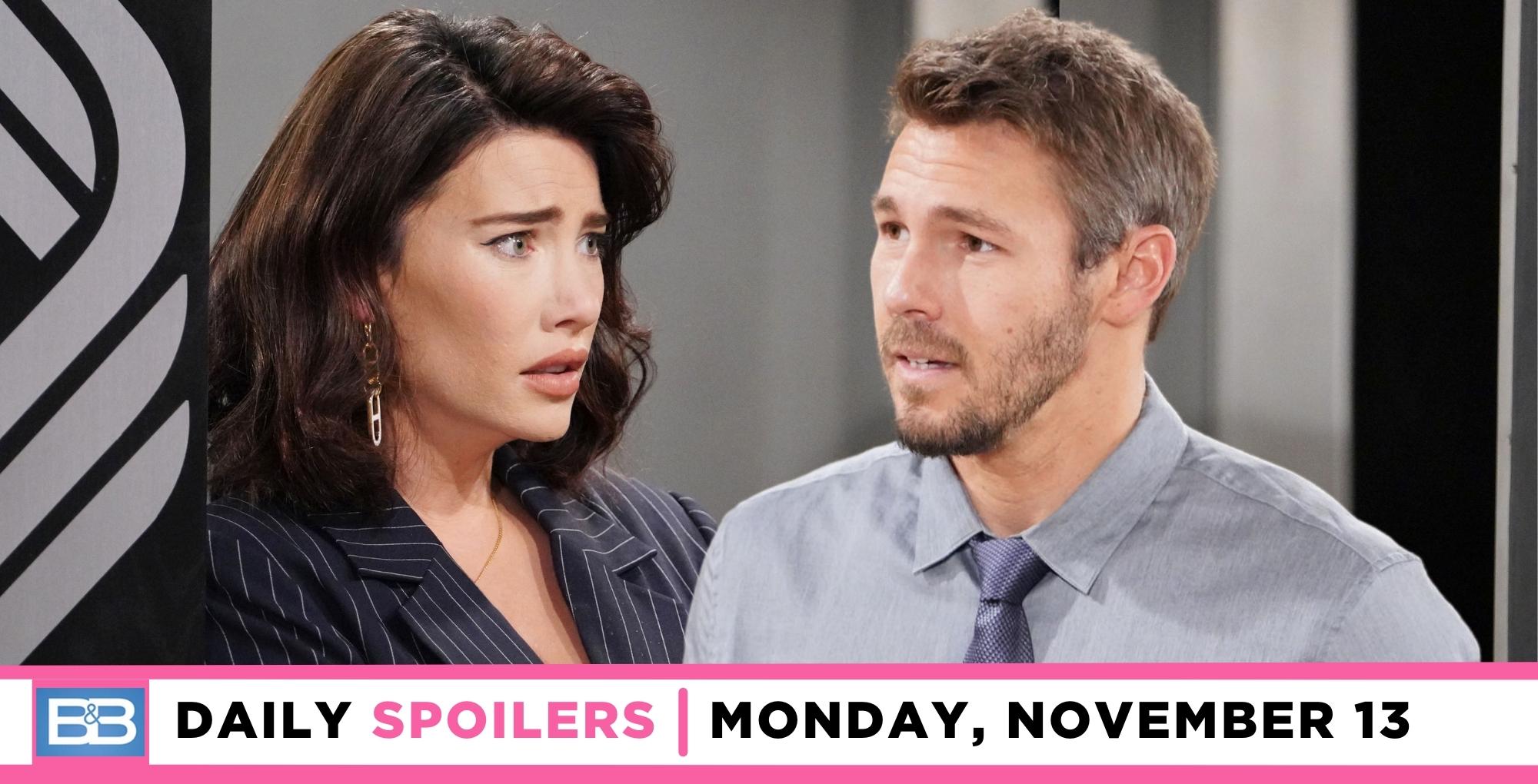 the bold and the beautiful spoilers for november 13, 2023, episode 9147, has steffy facing liam.