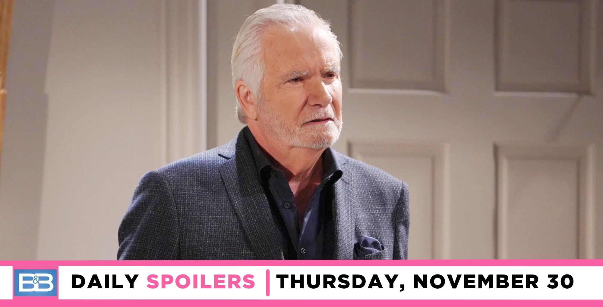 the bold and the beautiful spoilers for november 30, 2023, episode 9158, has an image of eric forrester.