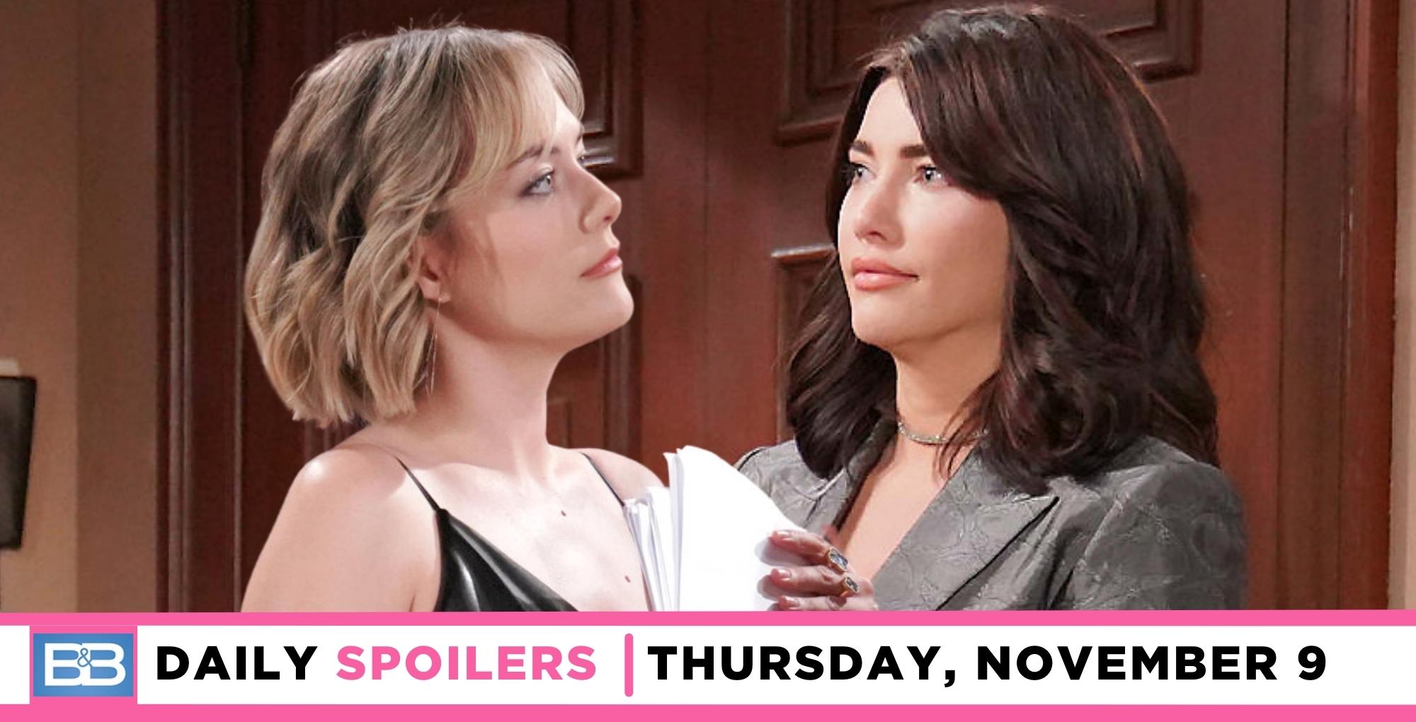 the bold and the beautiful spoilers for november 9, 2023, episode 9145, has hope and steffy talking.
