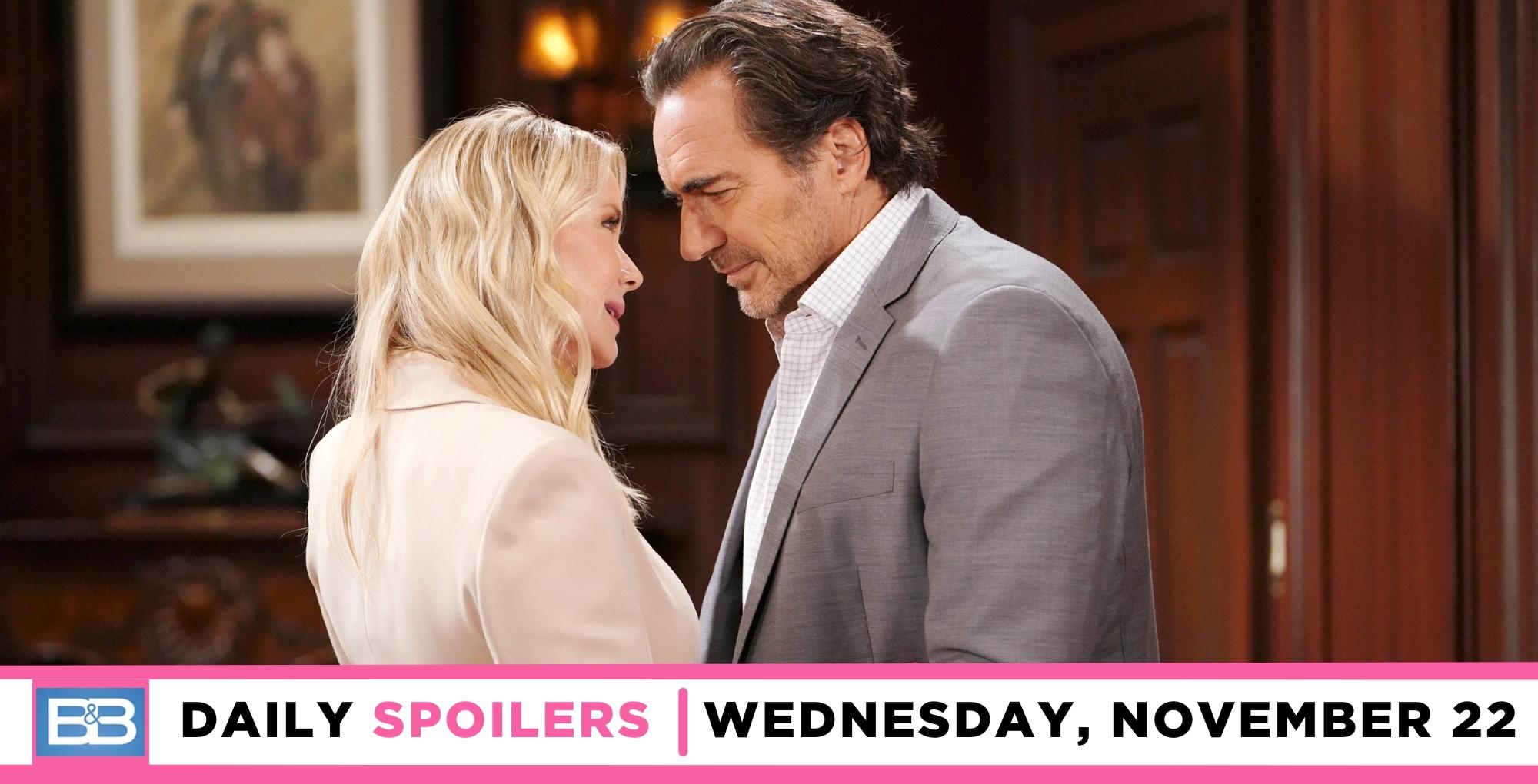 the bold and the beautiful spoilers for november 22, 2023, episode 9154, has brooke and ridge nose to nose in the ceo office.