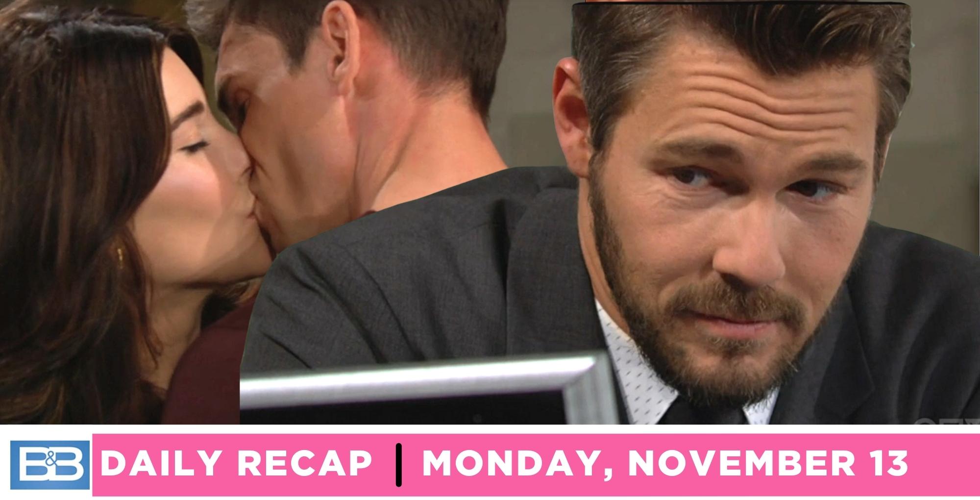 the bold and the beautiful recap for monday, november 11, 2023, finn and steffy smooching and liam looking crazy.