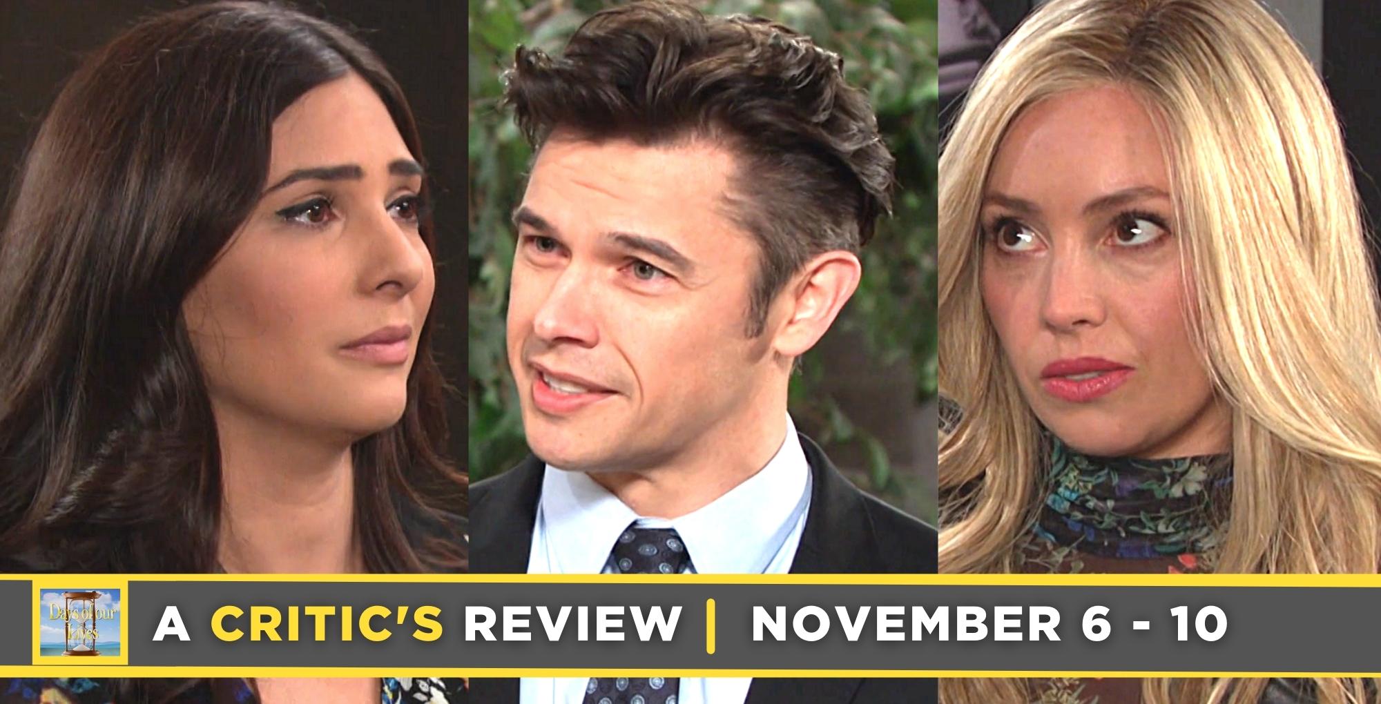 days of our lives critic's review for november 6 – november 10, 2023, three images, gabi, xander, and theresa.
