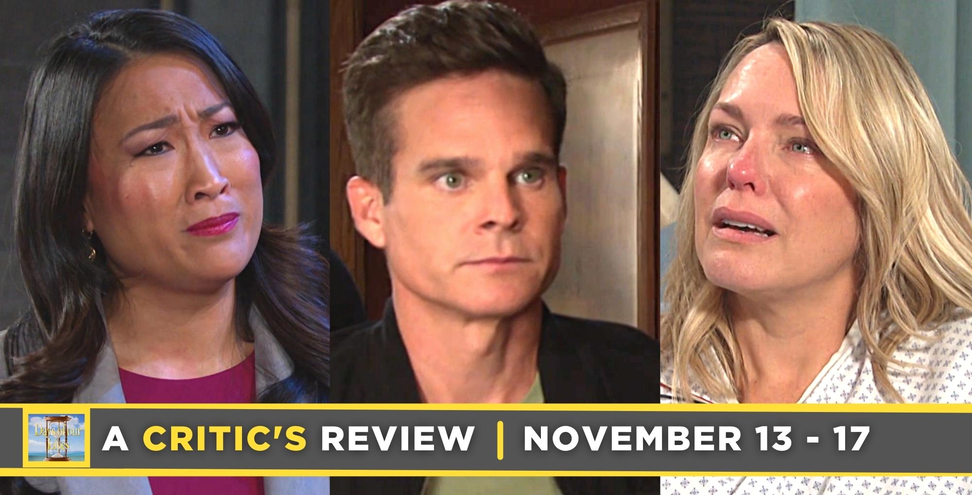 days of our lives critic's review for november 13 – november 17, 2023, three images, melinda, leo, nicole.