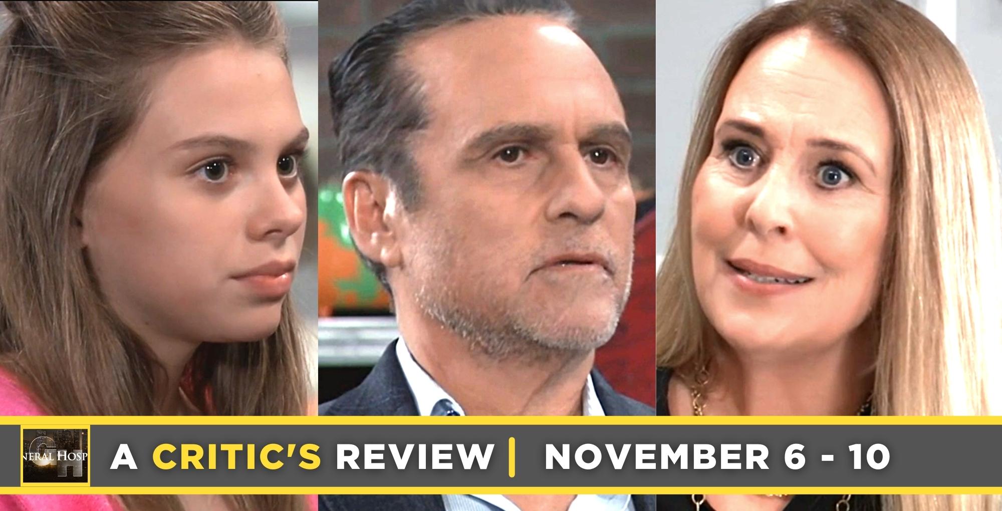 general hospital critic's review for november 6 – november 10, 2023, three images, charlotte, sonny, and laura.