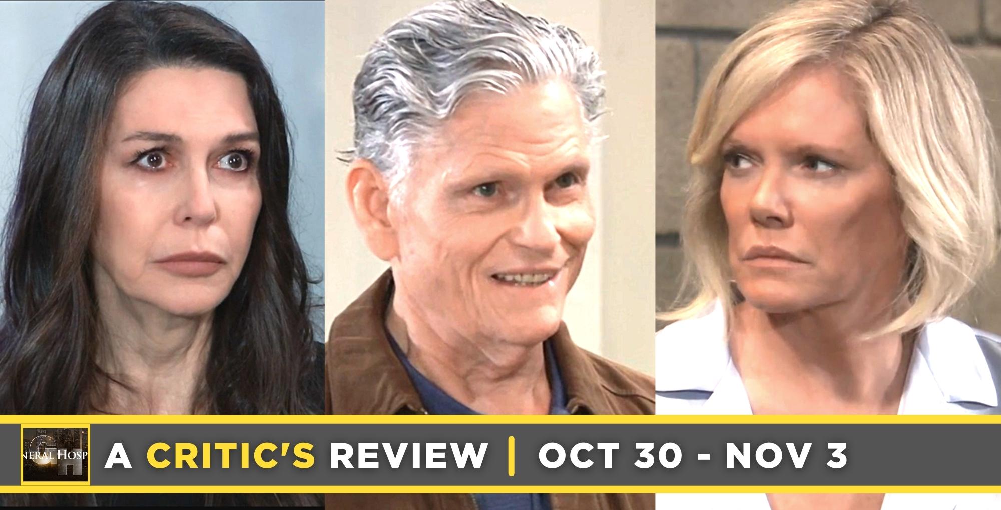 general hospital critic's review for october 30 – november 3, 2023, three images, anna, cyrus, and ava.