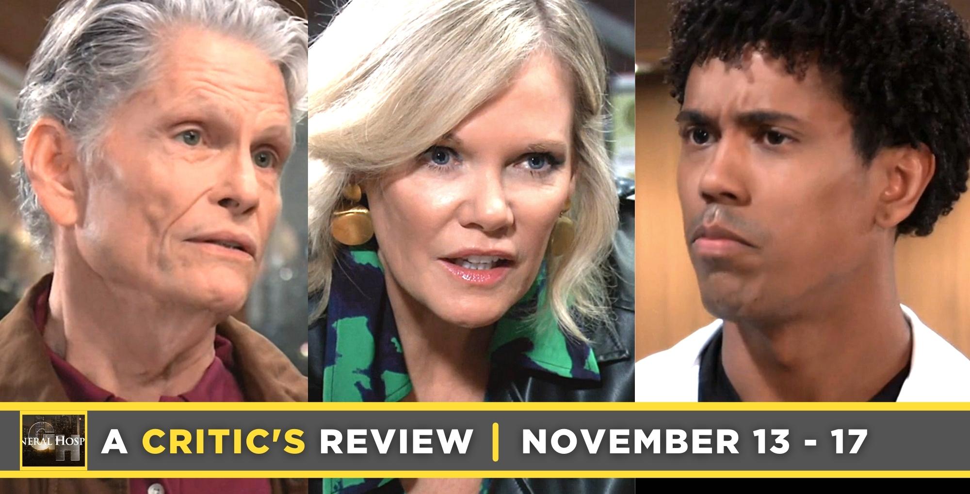 general hospital critic's review for november 13 – november 17, 2023, three images, cyrus, ava, and tj.