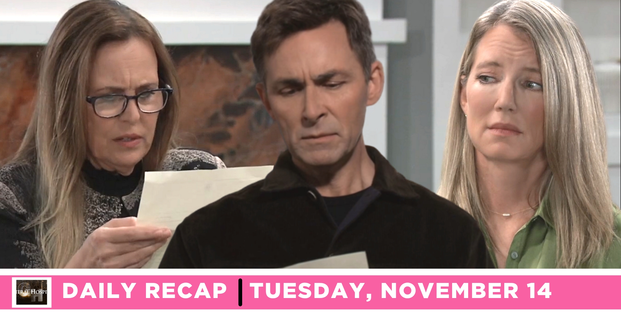 valentin cassadine, laura collins, and nina reeves corinthos’s read victor’s letter on the general hospital recap for tuesday, november 14, 2023.