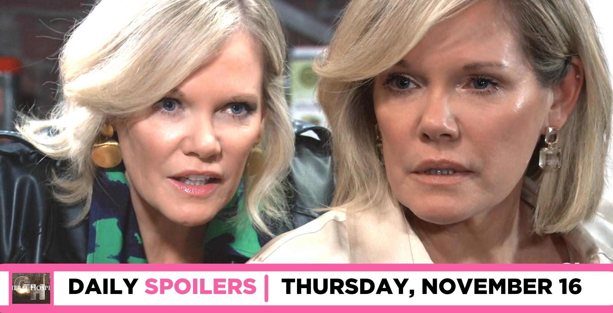 general hospital spoilers for november 16, 2023, episode 15344, has two images of ava.