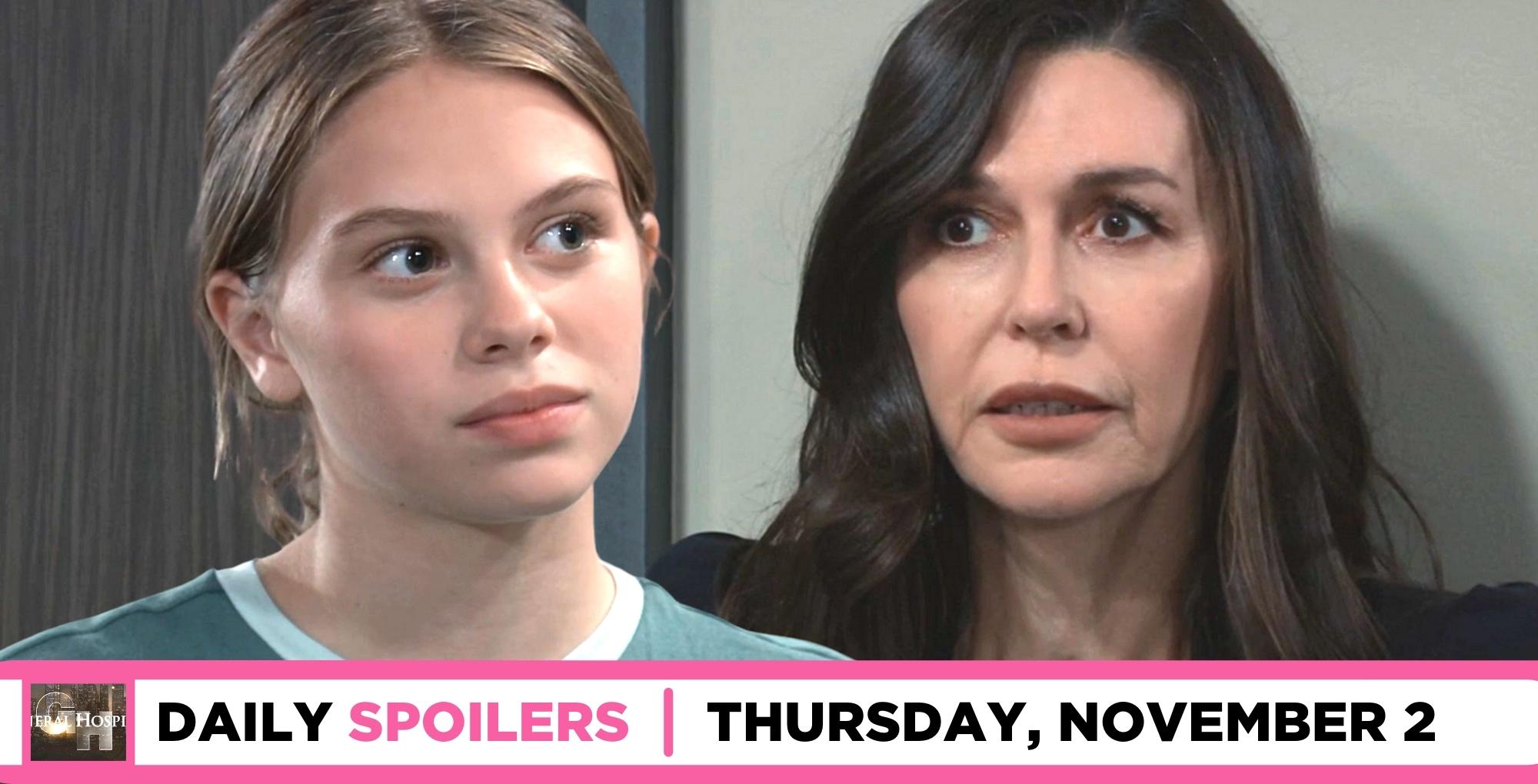 general hospital spoilers for november 2, 2023, episode 15334, has charlotte looking at anna.