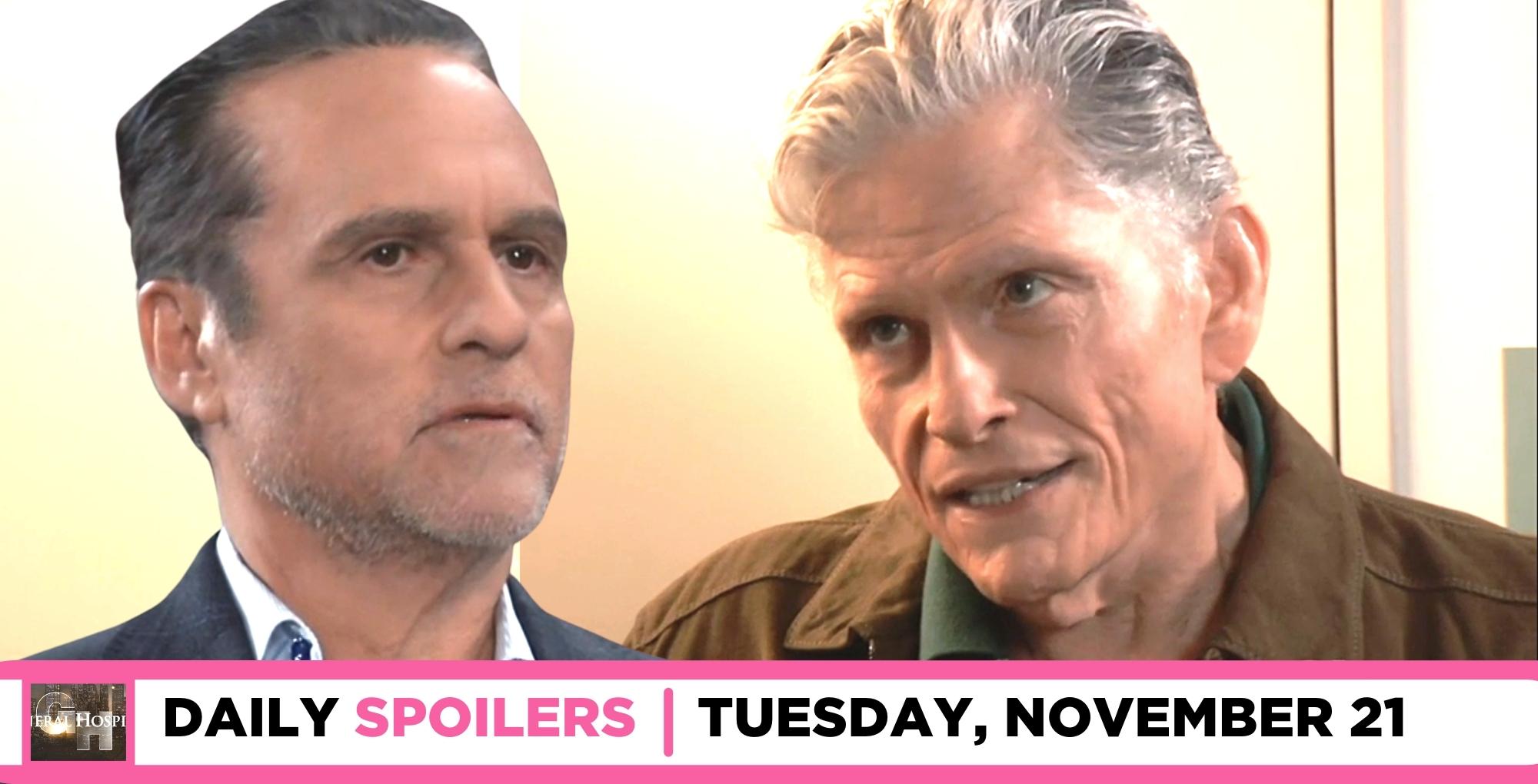 general hospital spoilers for november 21, 2023, episode 15347, has sonny facing off against cyrus.