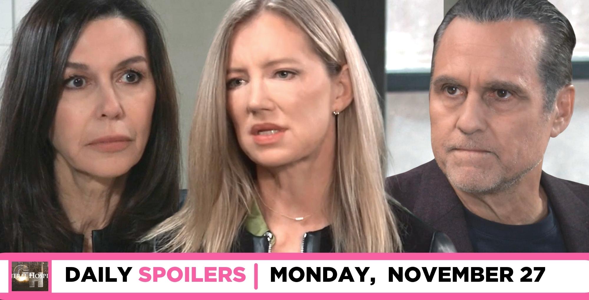 general hospital spoilers for november 27, 2023, episode 15350, has anna, facing nina, and sonny watching.