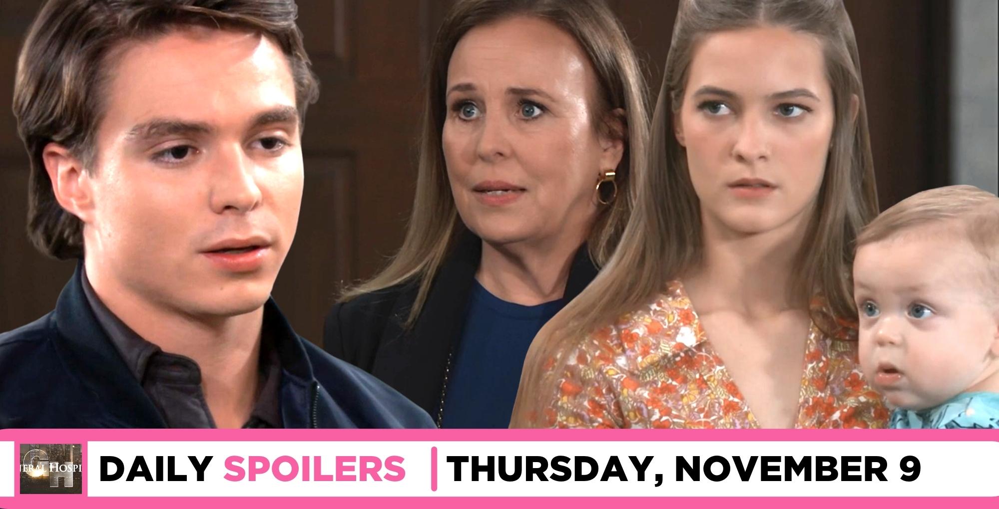 general hospital spoilers for november 9, 2023, episode 15339, has spencer looking at laura, esme, and ace.
