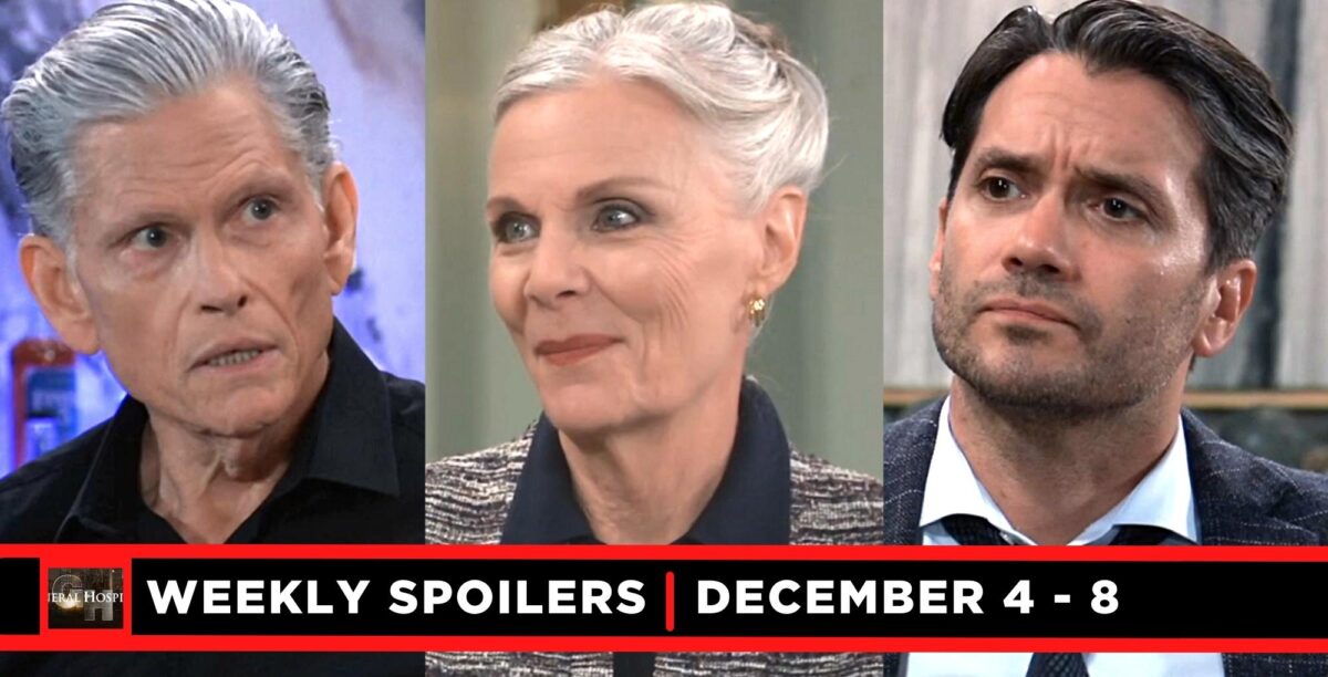 general hospital spoilers for december 4-8, 2023, three images cyrus, tracy, and dante.