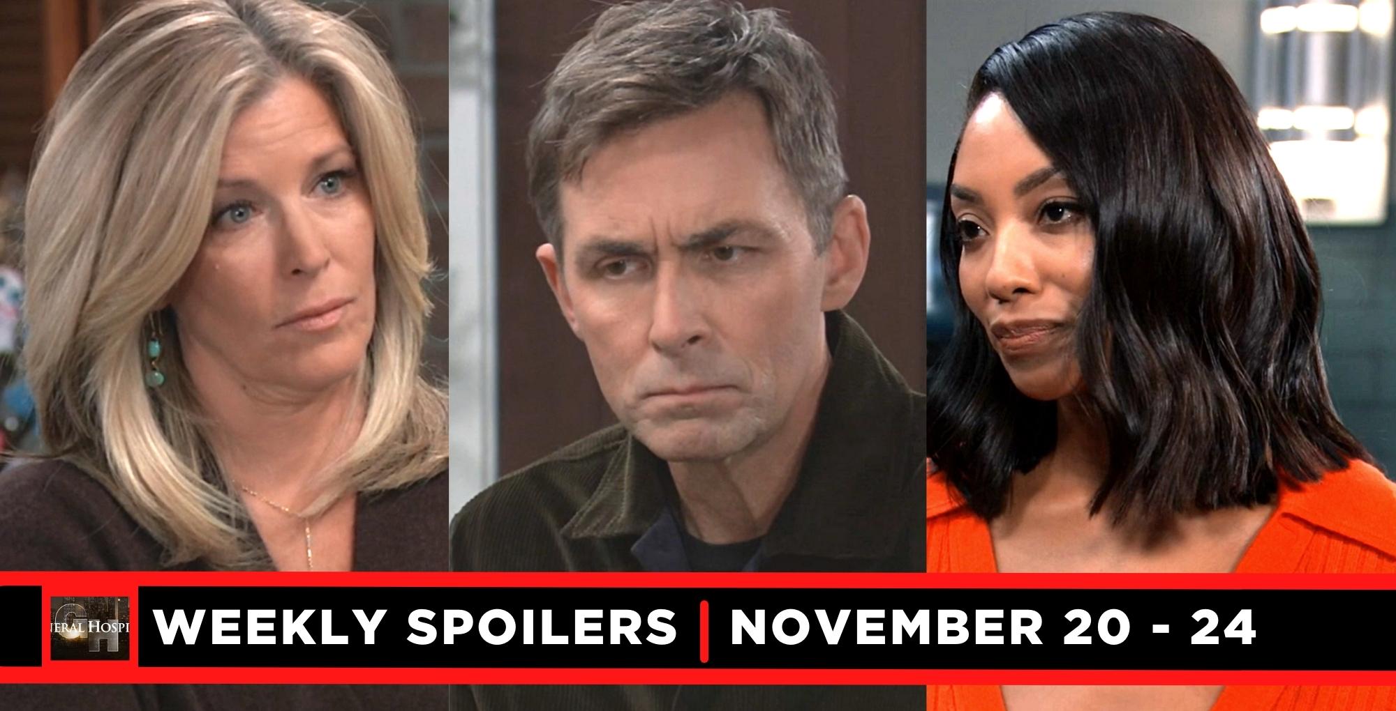 general hospital spoilers for november 20 – november 24, 2023, three images, carly, valentin, and jordan.