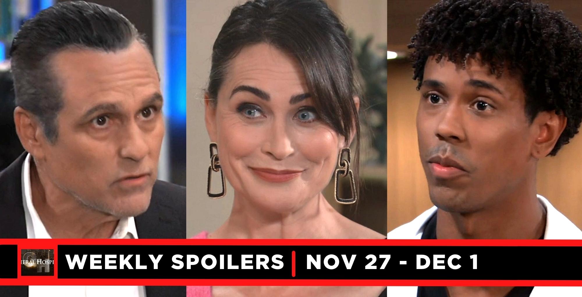 general hospital spoilers for november 27 – december 1, 2023, three images, sonny, lois, and tj.
