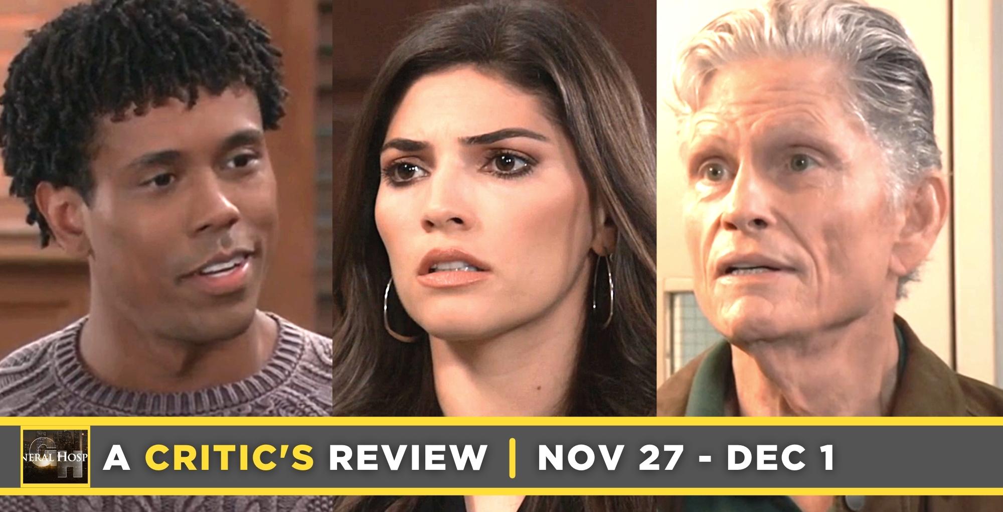 general hospital critic's review for november 27 – december 1, 2023, three images, tj, brook lynn, and cyrus.