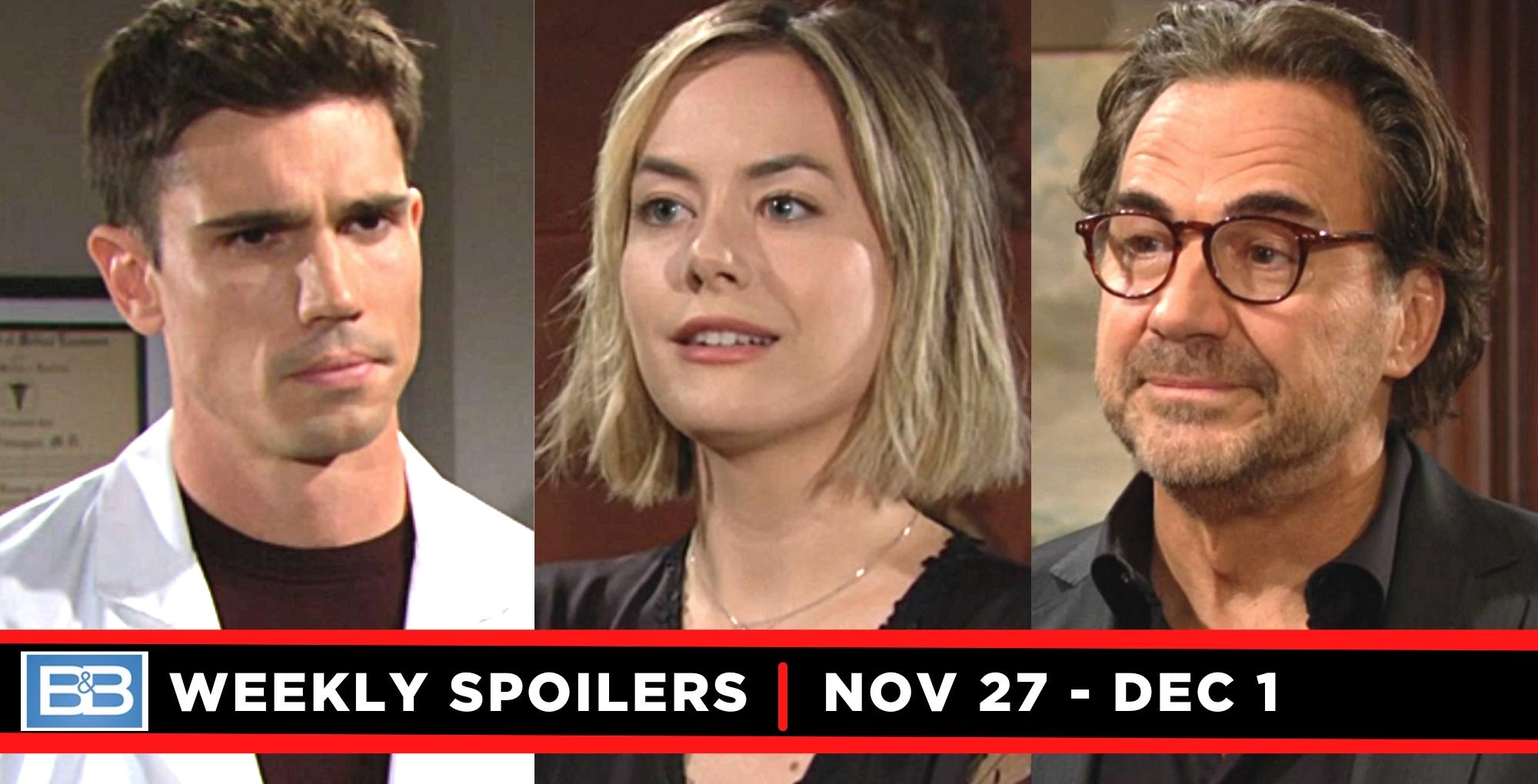 the bold and the beautiful spoilers for november 27 – december 1, 2023, three images, finn, hope, and ridge.