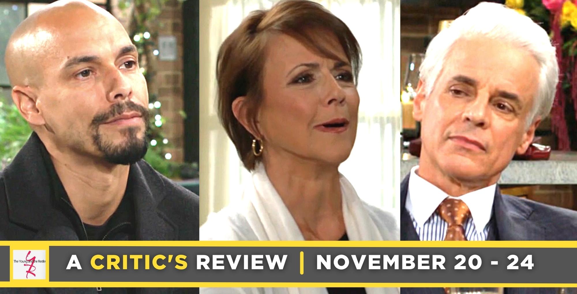 the young and the restless critic's review for november 20 – november 24, 2023, three images, devon, jordan, and michael.
