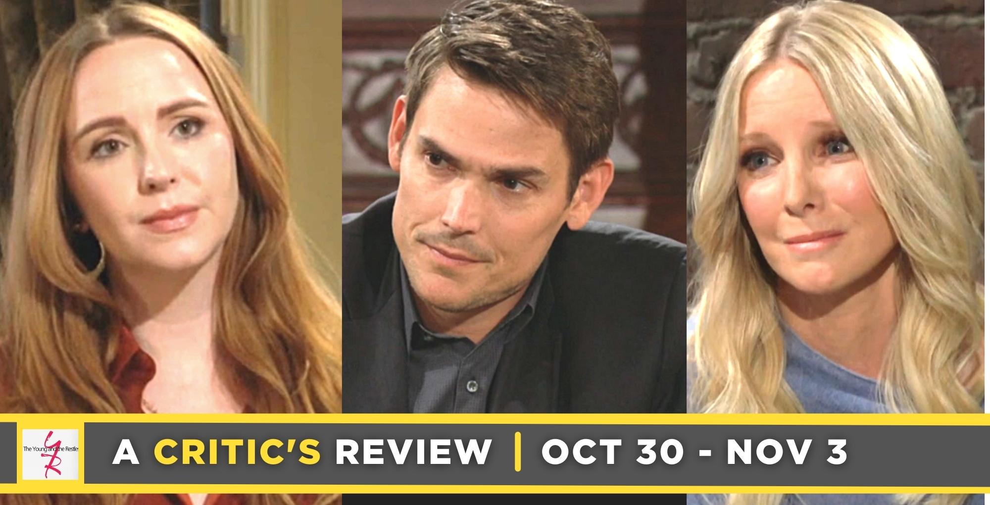 the young and the restless critic's review for october 30 – november 3, 2023, three images, mariah, adam, and christine.