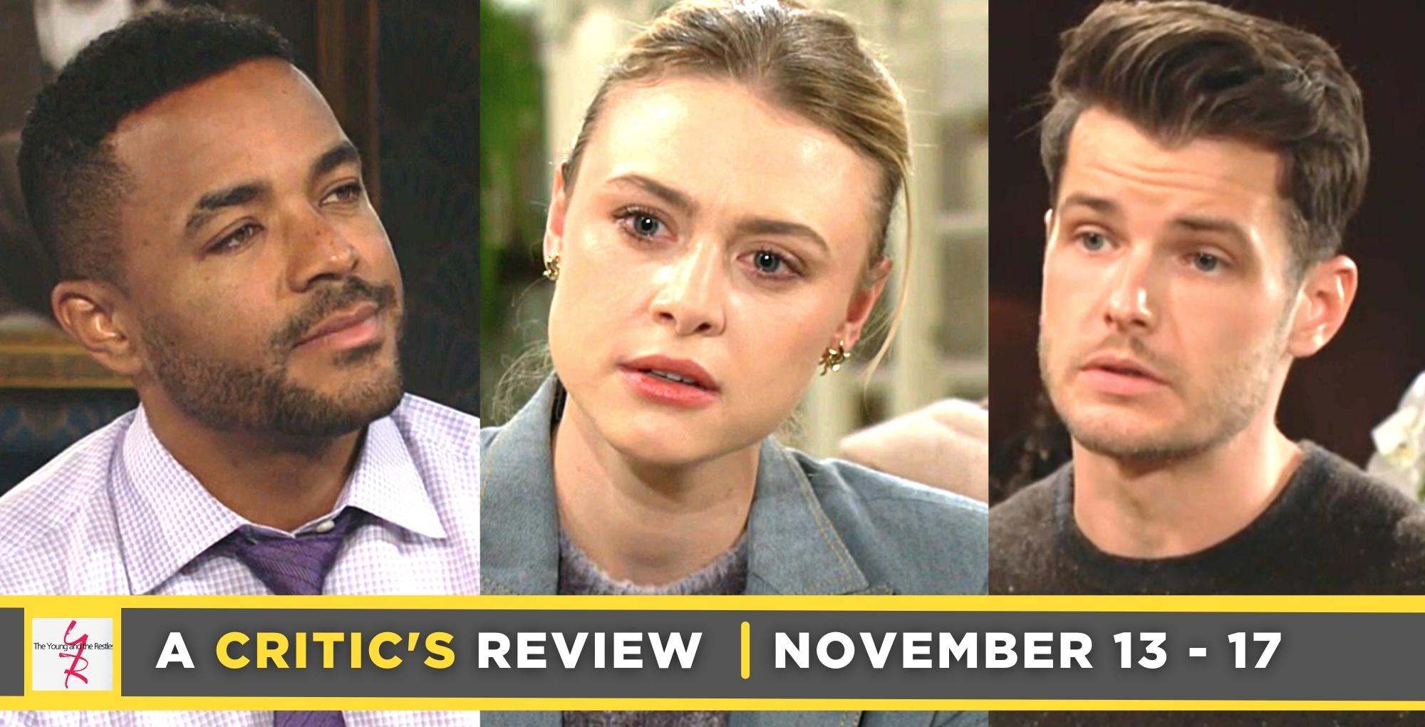 the young and the restless critic's review for november 13 – november 17, 2023. three images, nate, claire grace, kyle.