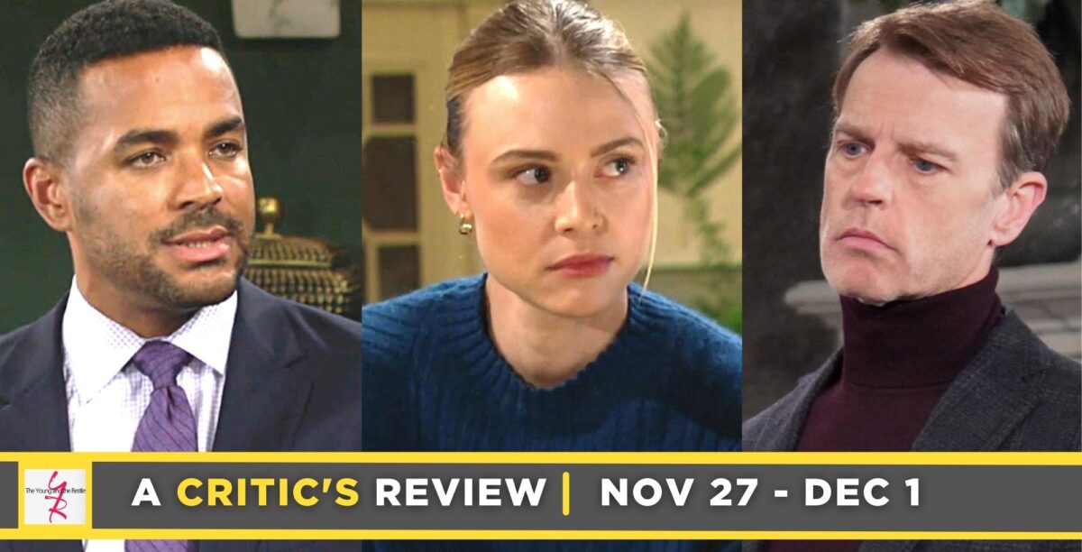 the young and the restless critic's review for november 27 – december 1, 2023, three images, nate, claire, and tucker.