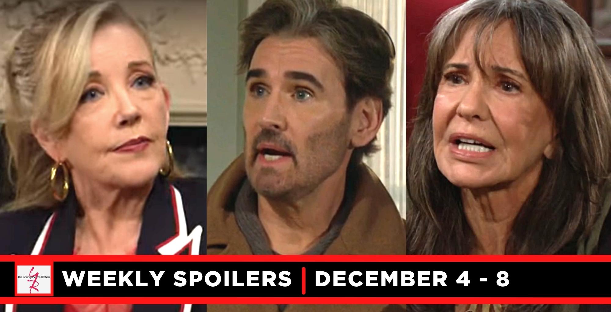 young and the restless spoilers for december 4-8, 2023, three images nikki, cole, jill.