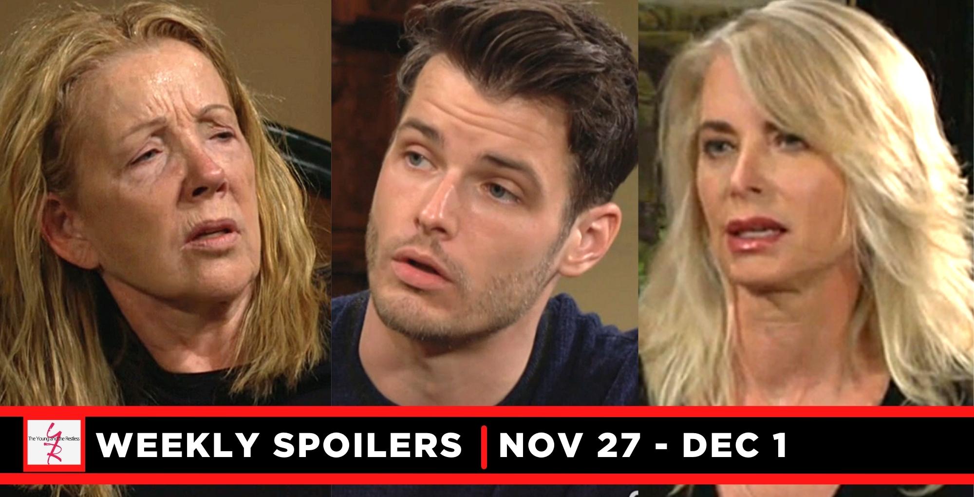 the young and the restless spoilers for november 27 – december 1, 2023, three images, nikki, kyle, and ashley.
