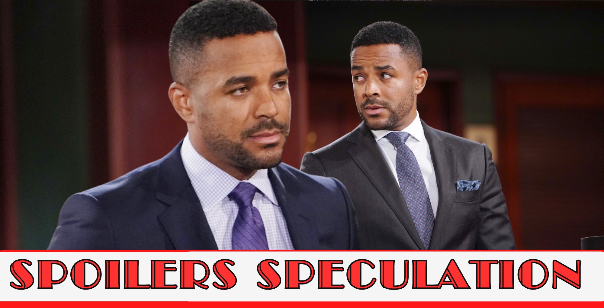 two photos of nate hastings in a business suit with a y&r spoilers speculation banner across the bottom.