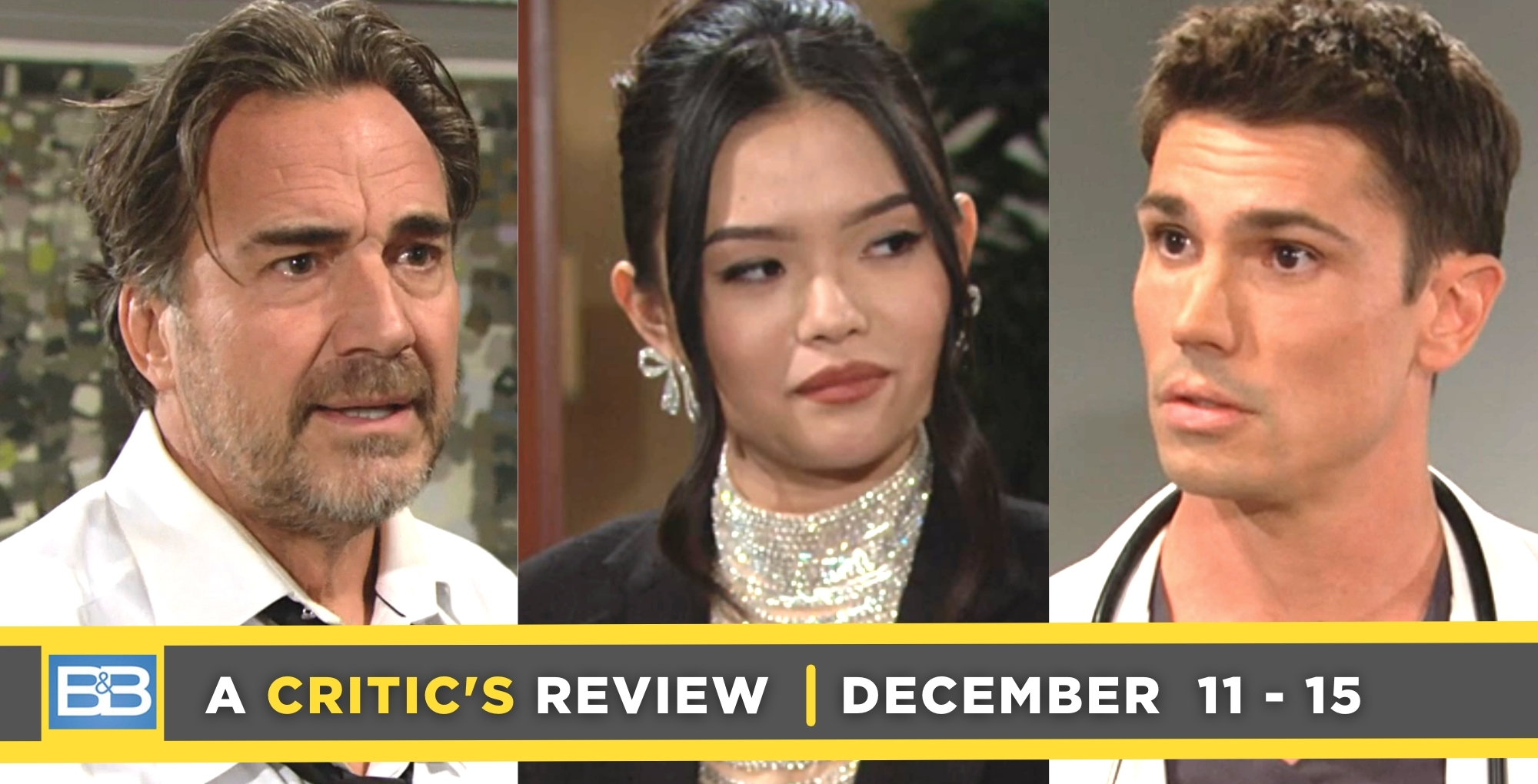 the bold and the beautiful critic's review for december 11 – december 15, 2023, three images, ridge, luna, and finn.