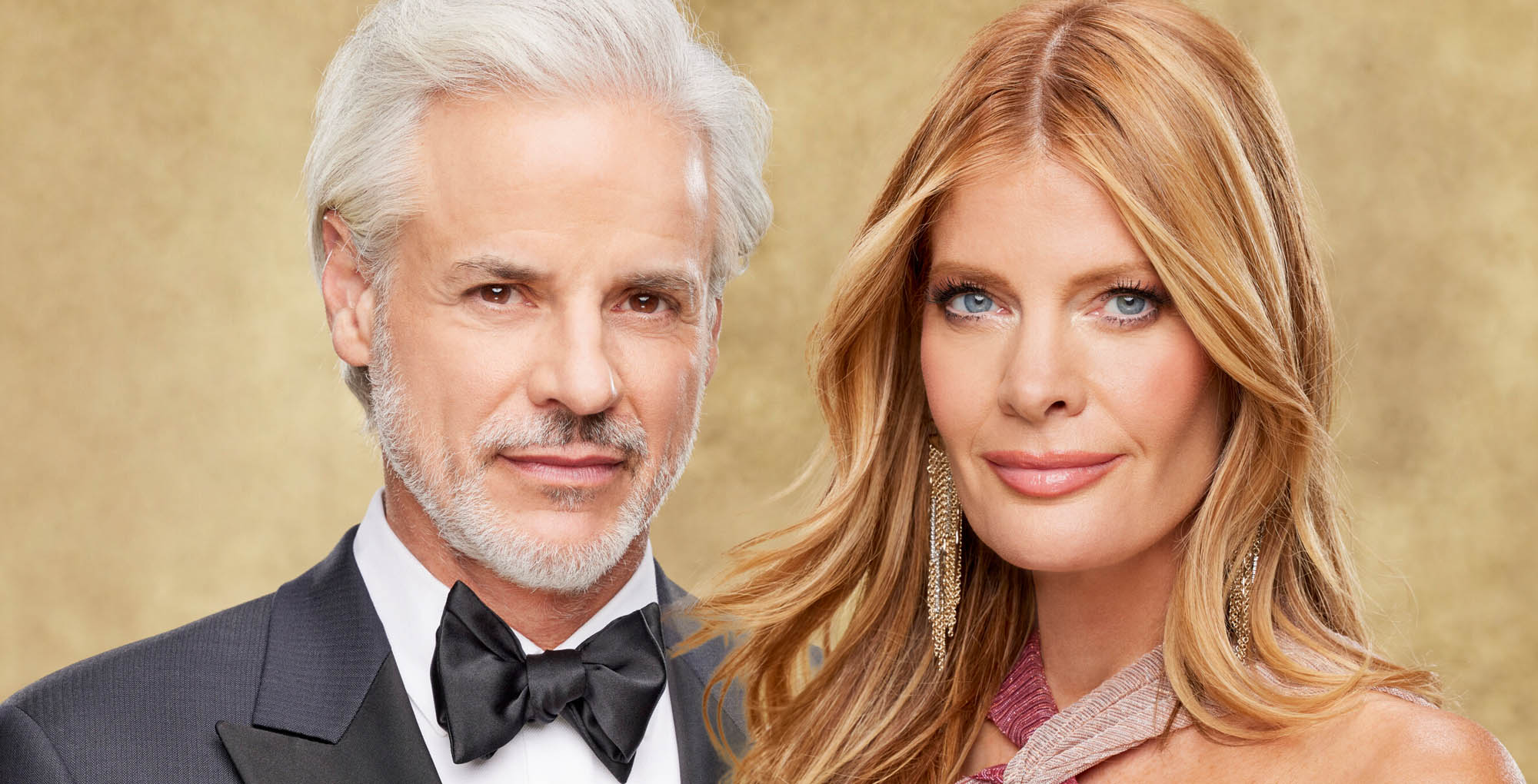 christian le blanc and michelle stafford from the young and the restless against a gold background.