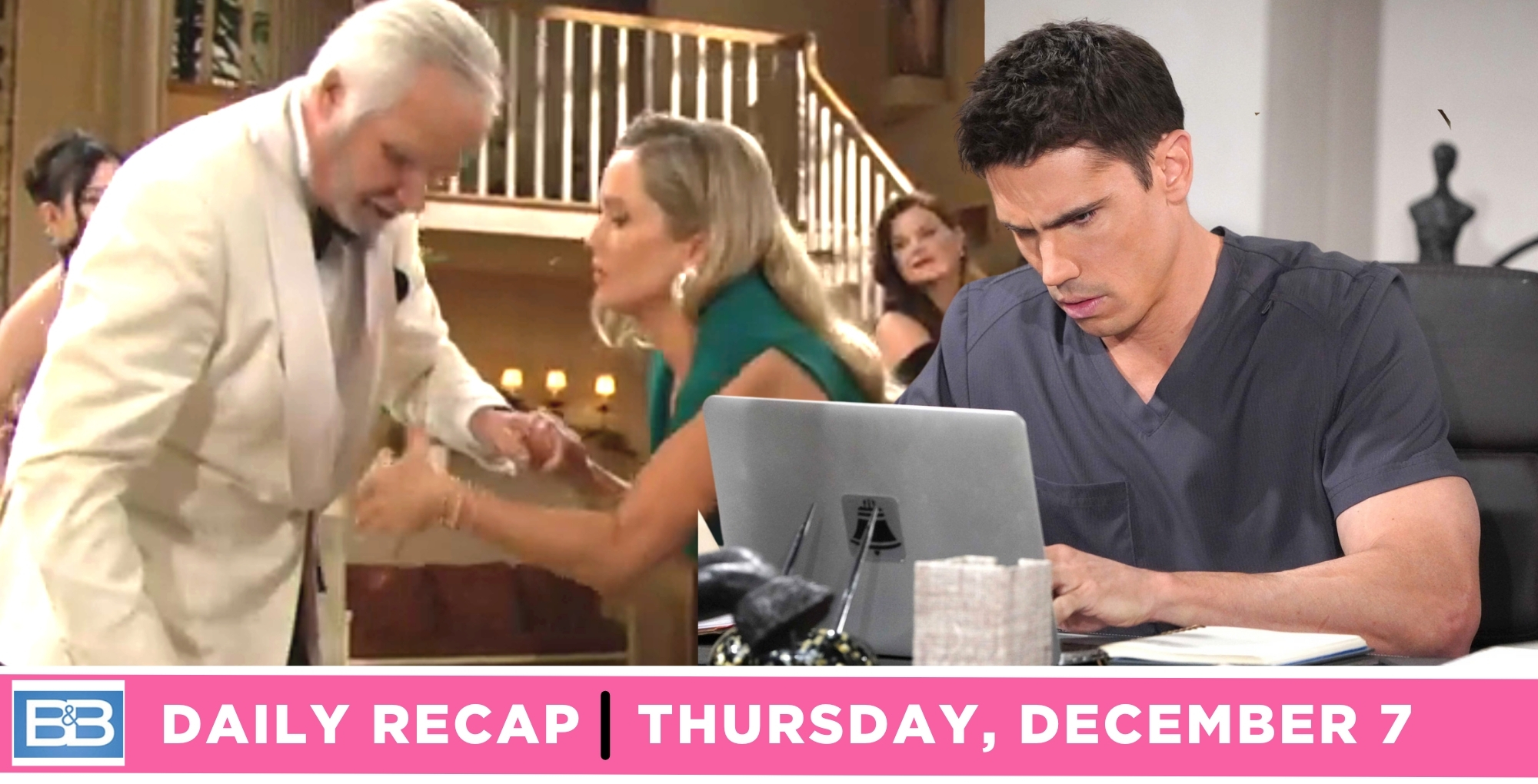 the bold and the beautiful recap for december 7, 2023, episode 9163, has eric tripping while dancing and finn working hard.