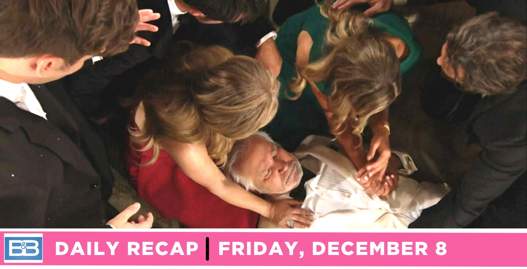 the bold and the beautiful recap for december 8, 2023, episode 9164, eric collapsed and was surrounded by loved ones.